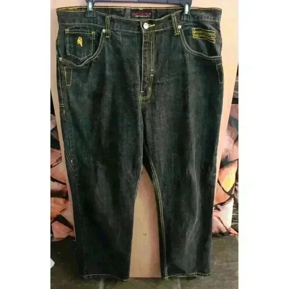 RED APE Y2K Sz 38Jeans Mens Black Denim Distressed Emboridered Streetwear HipHop